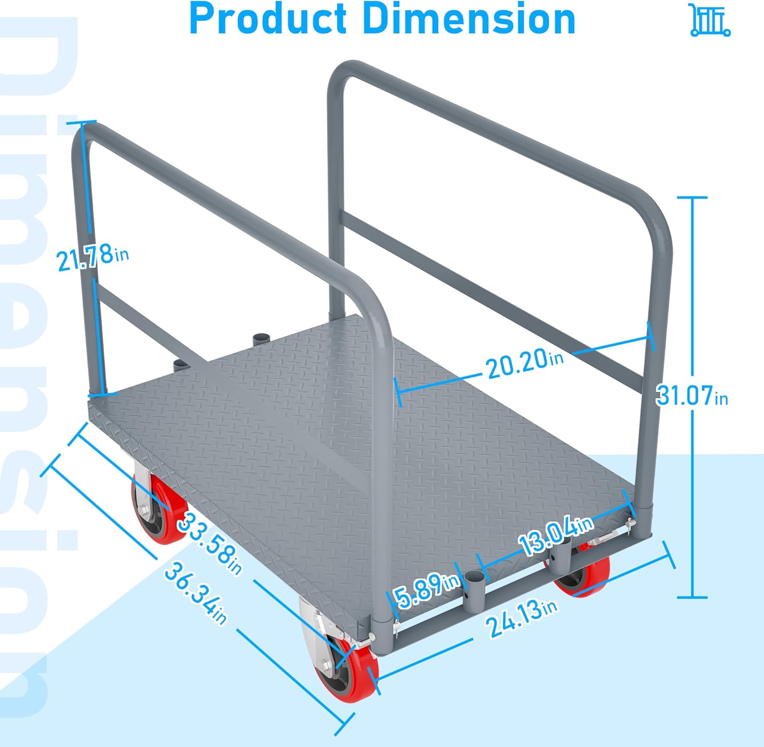 Steel Panel Drywall Cart, 36 x 24 Inch Four Wheeler Dolly, 2in1 Platform Trucks 2000LBS Capacity with 6 Inch Swivel Caster, Rolling Lumber Carts Heavy Duty with 1 Front & 2 Side Handrails