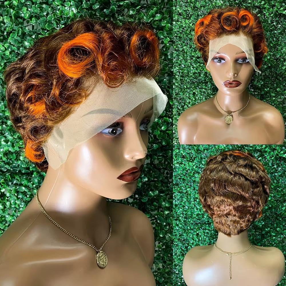 Haarpflege 13x4 Lace Front Perücken Kurze Lockige Tief Gewellte Geschichtete Echthaar Perücke(4)