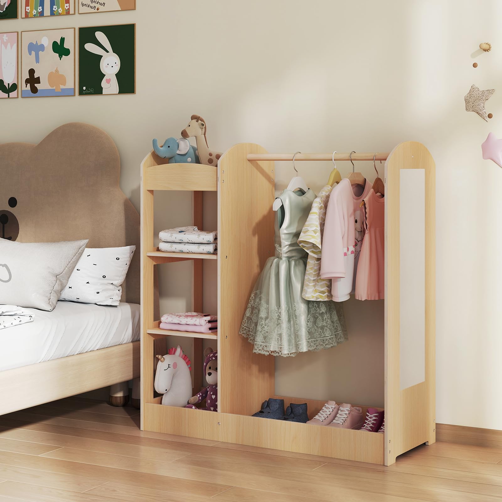 RELAX4LIFE Organizer Armadio per Bambini con Specchio, Appendiabiti e 4 Ripiani Aperti, Appendiabiti per Bambini per Cameretta, 93,5x38x100cm (Pink) (Naturale)