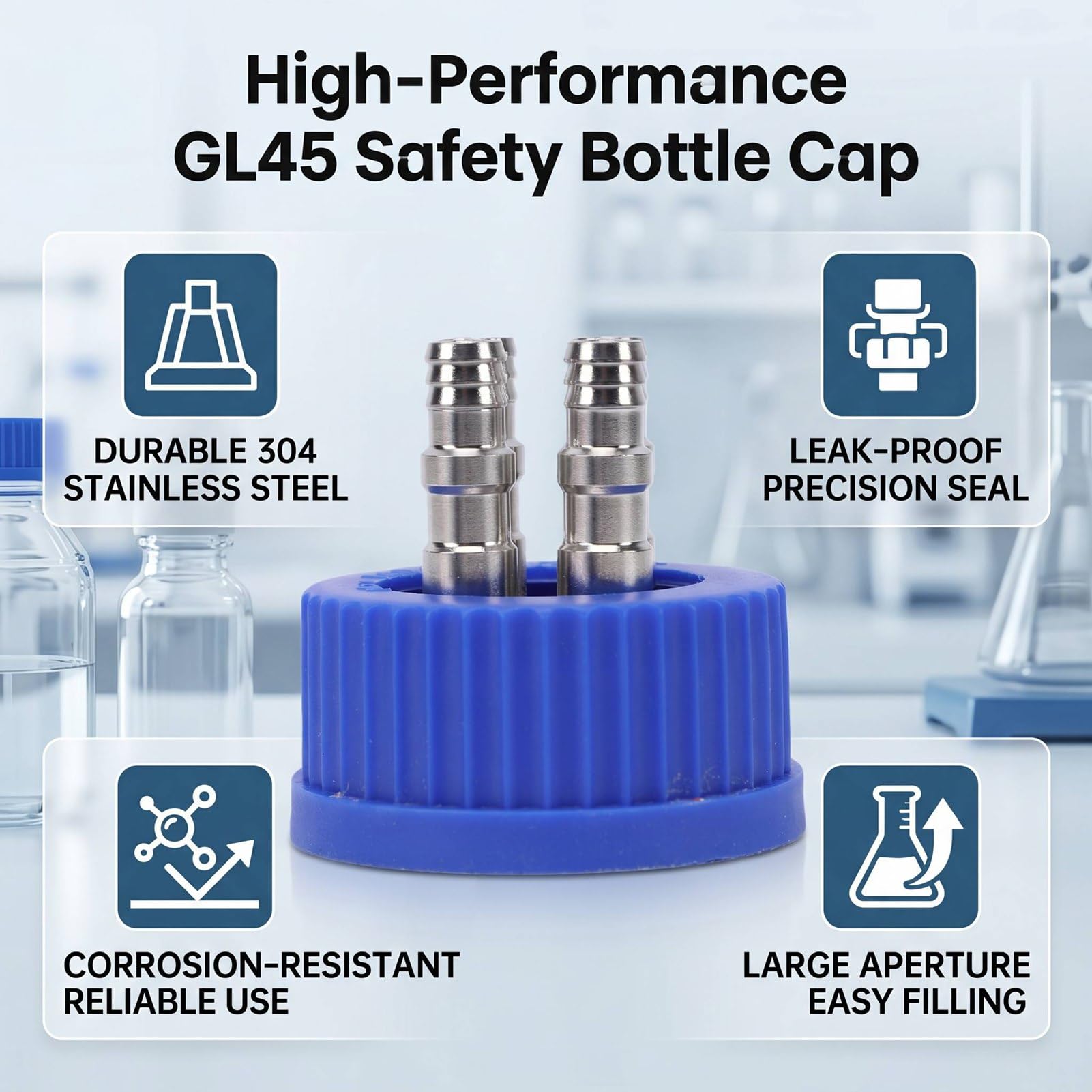 Fafeicy Tapa de Botella de Seguridad GL45, Interfaz de Acero Inoxidable 304 de 4 Puertos, Tapa de Llenado de Fase Móvil Líquida, Diámetro de 8-10 Mm, Tamaño Grande para Botella de