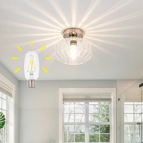 Lámpara de techo semiempotrada de níquel cepillado con vidrio texturizado y bombillas LED de 1200 lúmenes incluidas, moderna luz de pasillo y baño