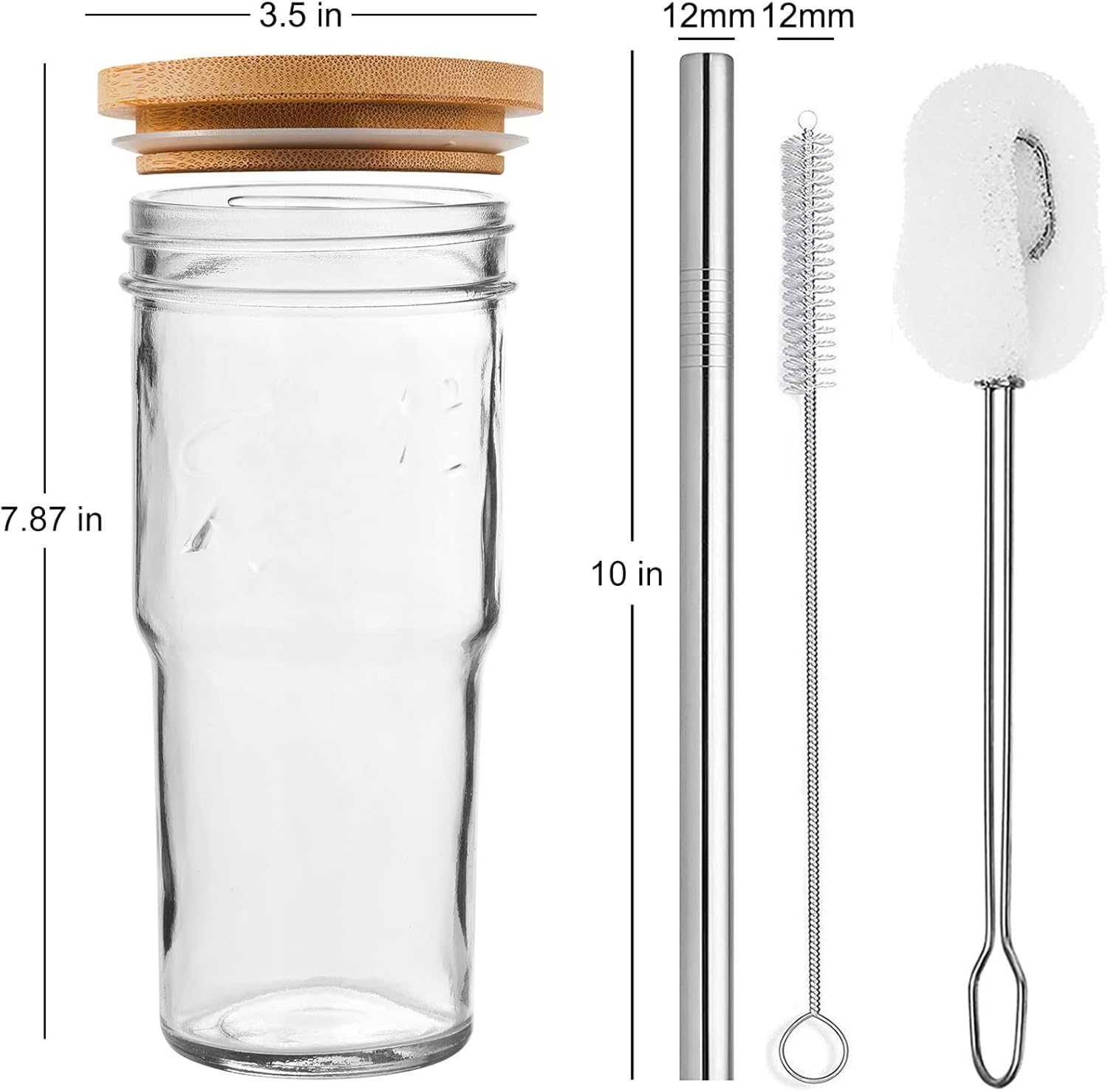 ALINK 4-Pack Glass Cups with Bamboo Lids and Straws, 24 OZ Mason Jar Glass Tumbler, Reusable Boba Cups, Iced Coffee Drinking Glasses for Bubble Tea, Smoothies, Juice - 2 Cleaning Brush - Image 2