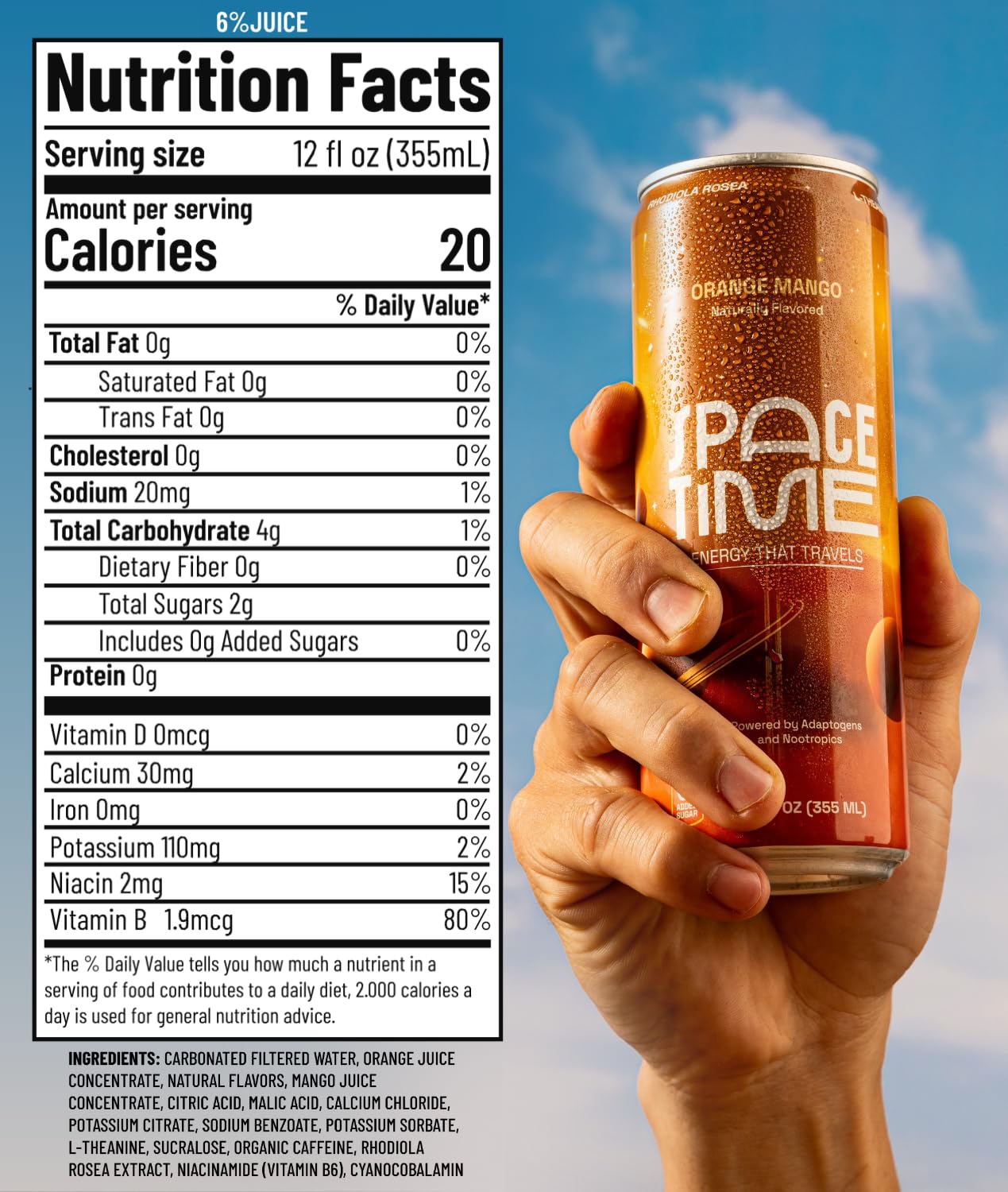SpaceTime Productivity & Focus Energy Drink – Real Juice Infused Nootropic Drink with 50mg Organic Caffeine, L-Theanine, Rhodiola & B Vitamins – Clean, Low-Caffeine Brain Boost – Orange Mango, 12 Pack (12 Fl Oz Cans) - Image 2