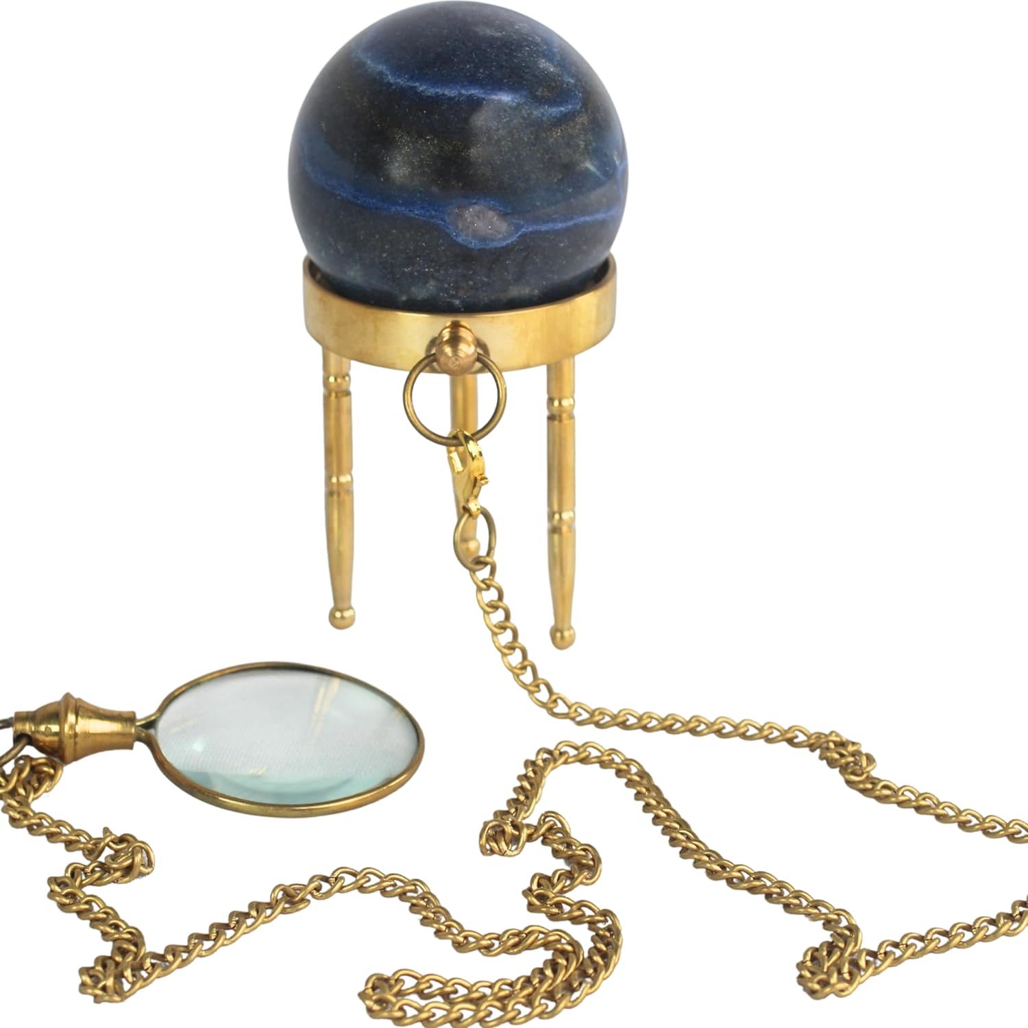 collectiblesBuy Decorative Blue Dumortierite Crystal Ball with Brass Stand & Pendant Natural Healing Stone Sphere for Focus & Insight Vintage Home Decor & Meditation Gift Set
