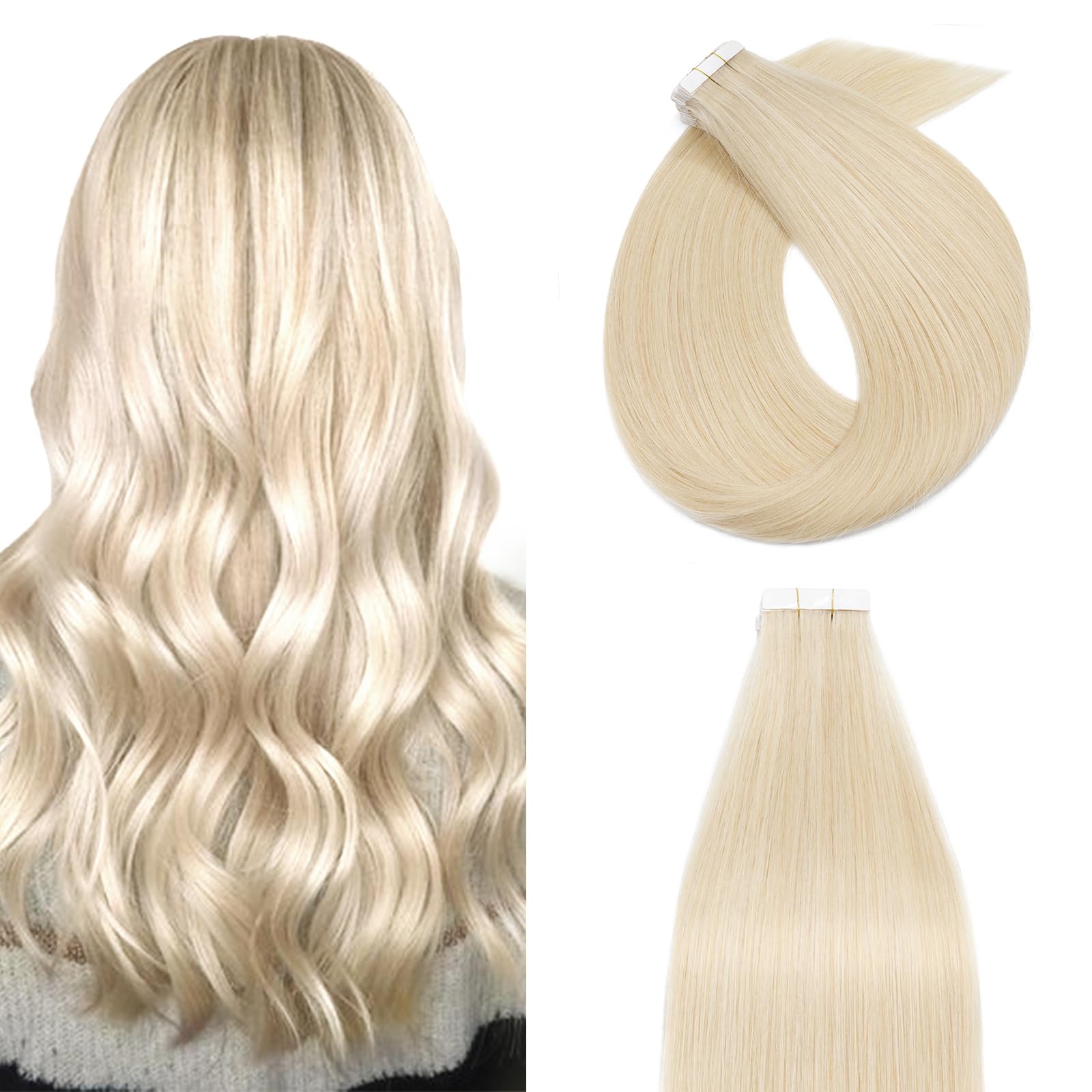 12 inch Tape in Real Human Hair Extension #60 Platinum Blonde Skin Weft 40g 20 pcs Remy Invisible Hair Extension