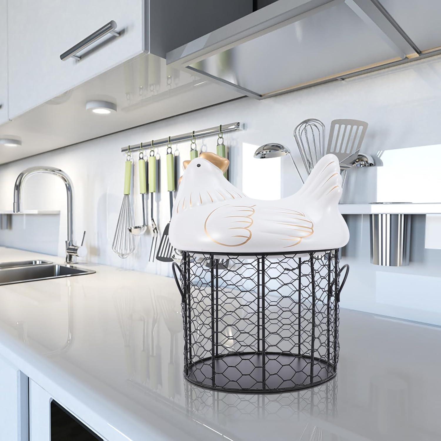 Ceramic Covered Egg Basket with Wire Storage Container White and Black Kitchen Fruit Storage Basket for Home Organization