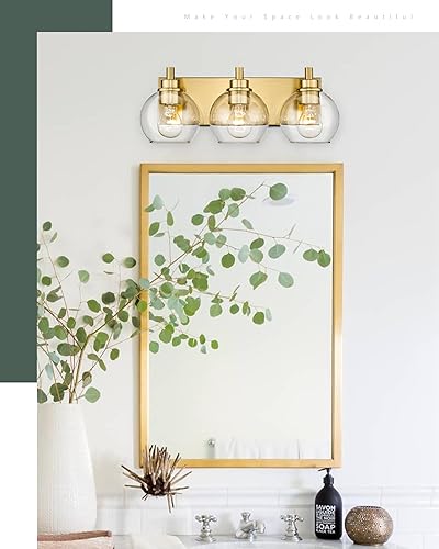 Miniatura 6 de VL195-GD-3 - Lámpara de tocador de baño de 3 luces de oro cepillado, apliques de pared modernos con pantalla de globo de vidrio transparente, luces
