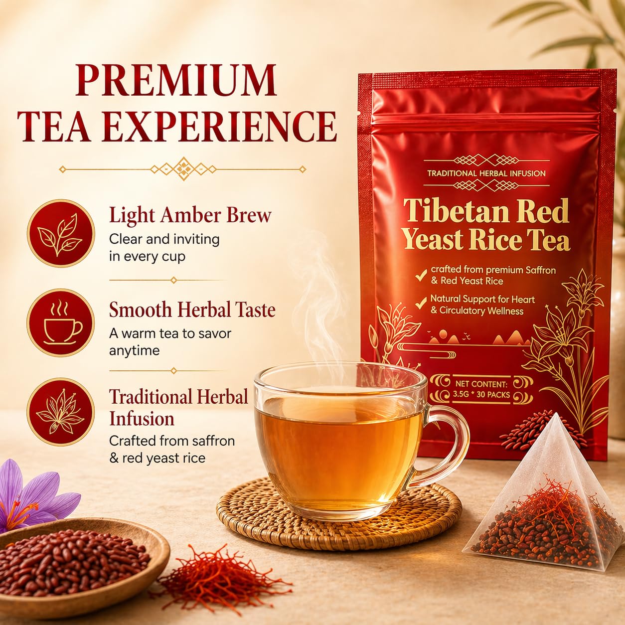 Tibetan Red Yeast Rice Tea Bags, Natural Highland Red Yeast Rice Herbal Tea, Premium Herbal Infusion with 6 Precious Ingredients, Supports Daily Vitality, Caffeine-Free, 30 Tea Bags (1PCS)