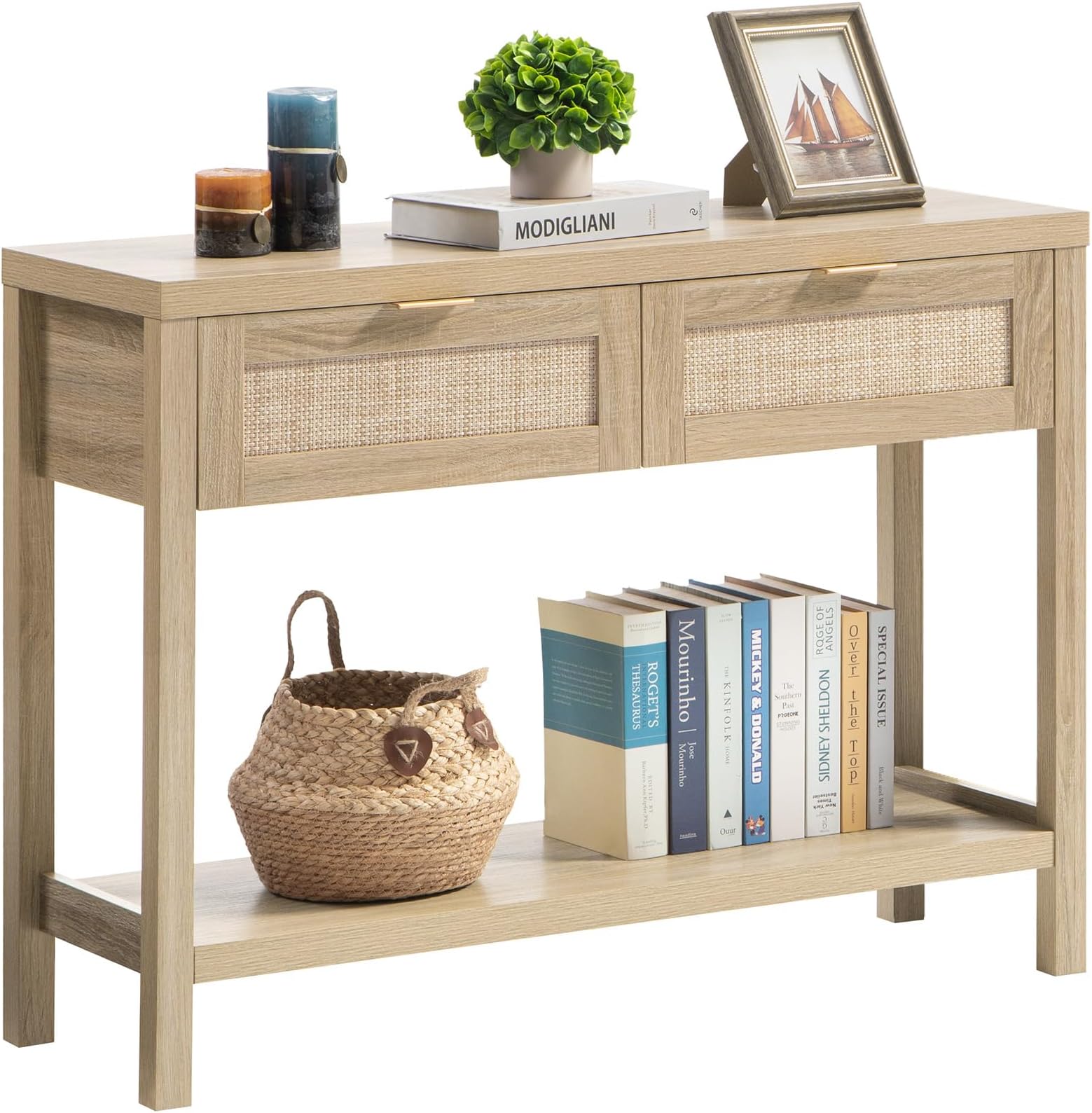 Rattan Console Table for Entryway - Boho Entryway Table with Storage and Drawers, Small Entry Tables for Hallway Behind Couch Table Sofa Table