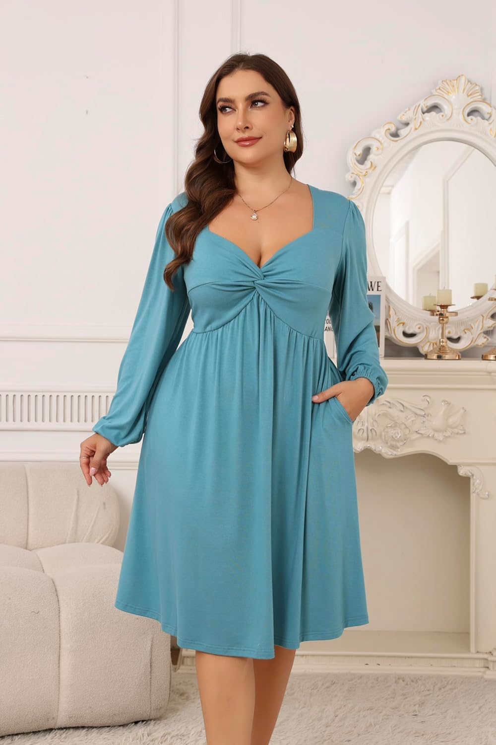 AMCLOS Women's Plus Size Square with Deep V Neck Sexy Flowy Dress Twist Knot Front 2 Pockets Long Sleeve Casual Party Work - Image 5