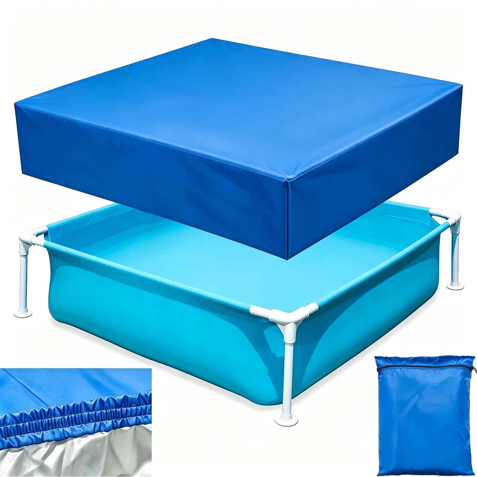4 ft x 4 ft x 12 in Mini Frame Pool Cover Kiddie Pool Cover, Made of 210D Heavy-Duty Waterproof Oxford Fabric, Built-in Elastic & Strong Webbing - Snug Fit & Easy Set, Prevent Slipping (Blue)