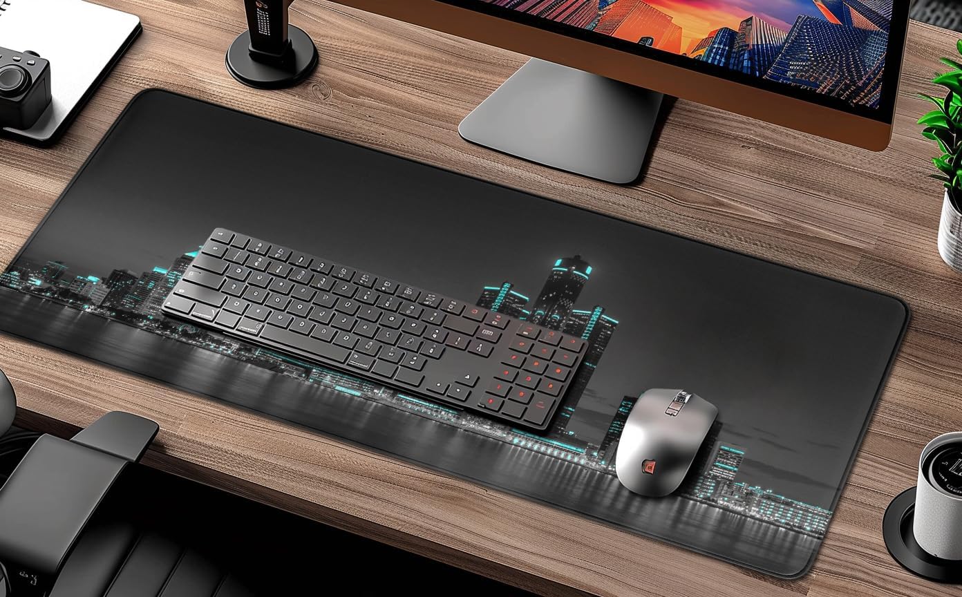 Detroit Mouse Pads, Michigan Skyline Desk Mat, Waterproof Mousepad with Stitched Edges, Non-Slip Base, Black and White City Keyboard Pad for Office & Home, 31.5 x 11.8 Inch, 3mm Thick - Image 3