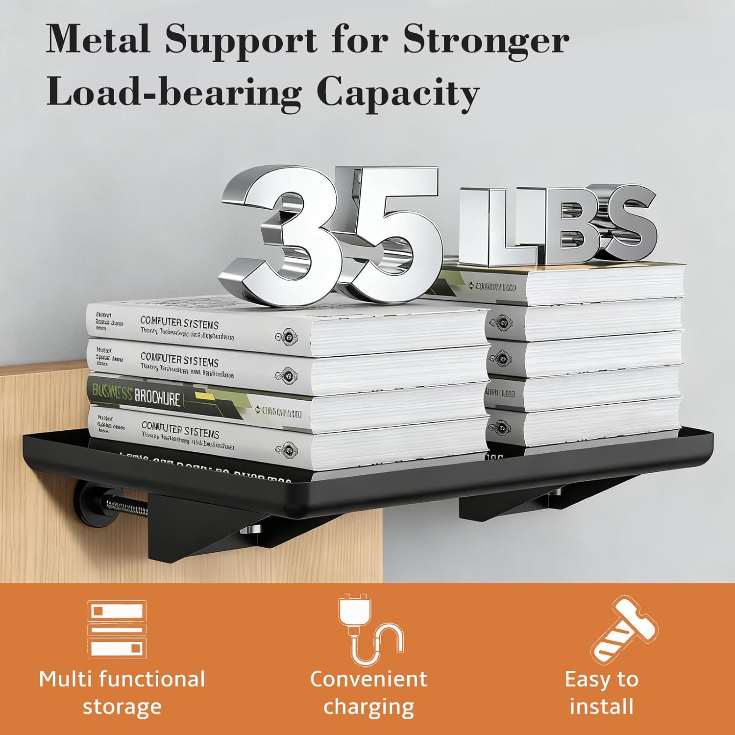 Bedside Shelf for Bunk Beds, Clip On Bed Table with Charging Cable Organizer, Floating Nightstand for Small Spaces, Dorm Room & Kids Room Essentials, Black - Image 6