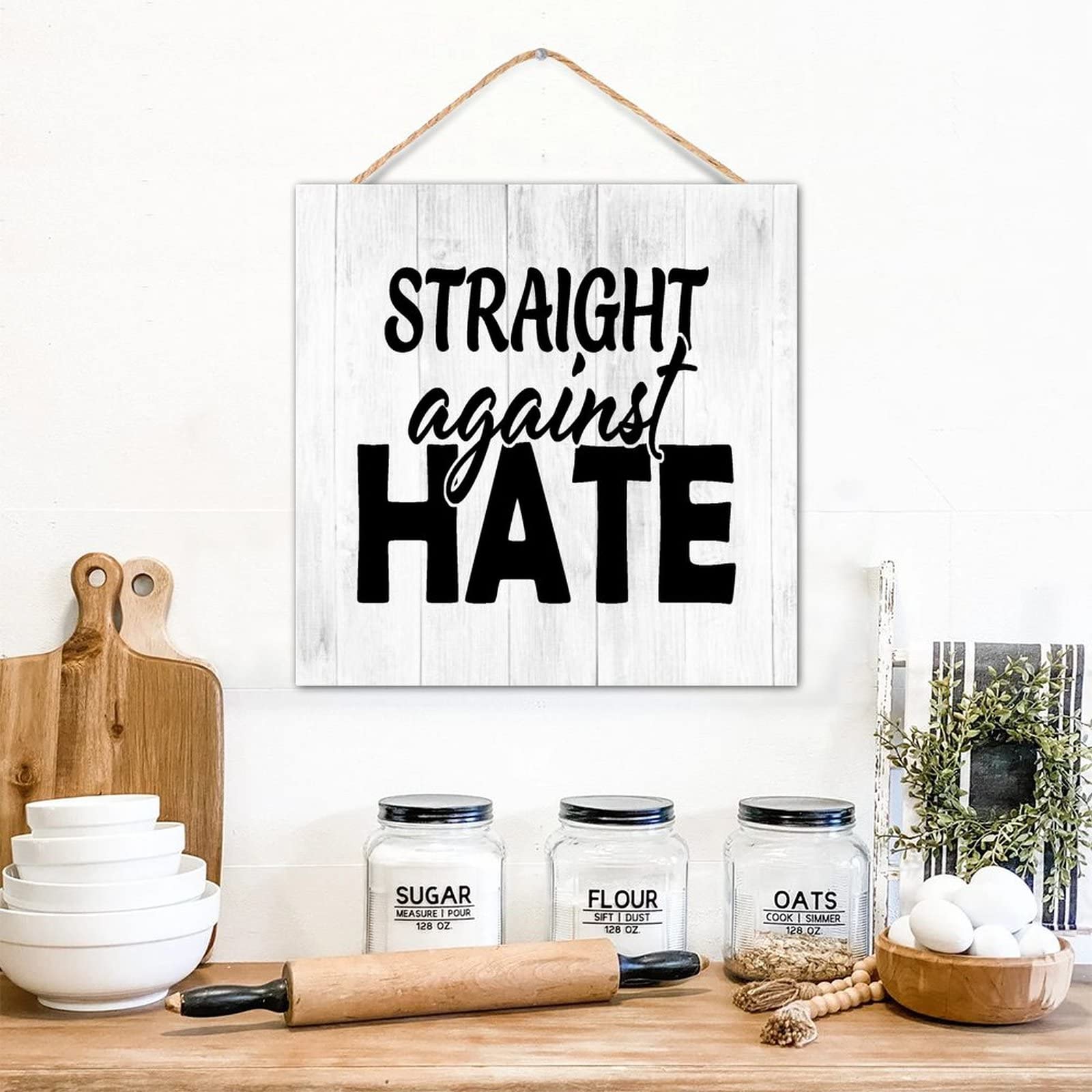 Plaque en bois Straight Against Hate décoration murale rétro chic - 8