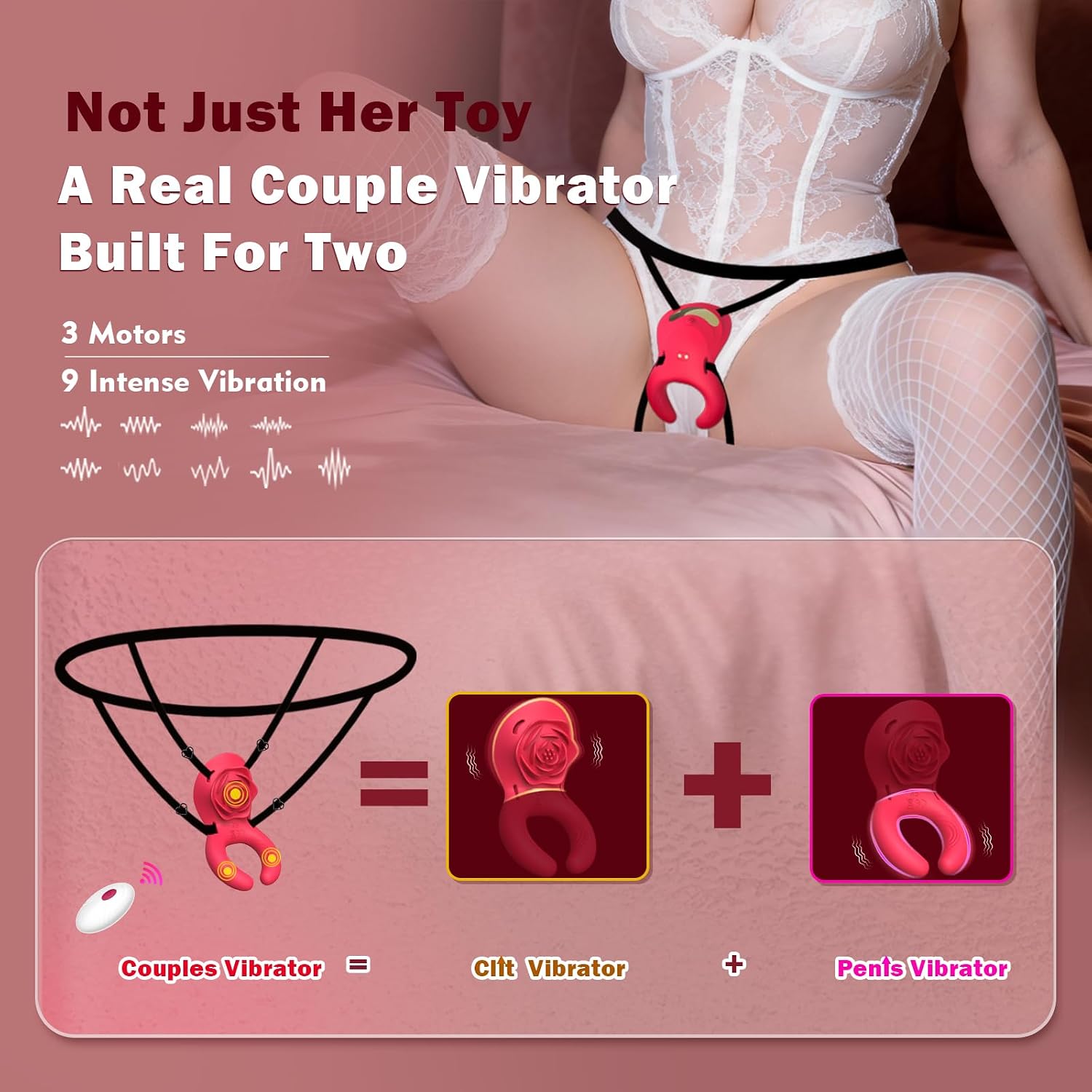 Rose Couples Women Sex Toys, 2 in 1 Vibrating Strap On Clit Penis Vibrator