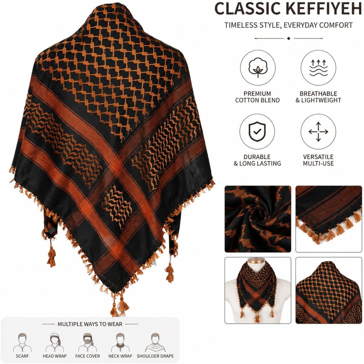 AllKindGifts Palestine Keffiyeh Shemagh Unisex Scarf 48x48 Cotton Arafat Hatta Arab Style Scarf With Long Tassle