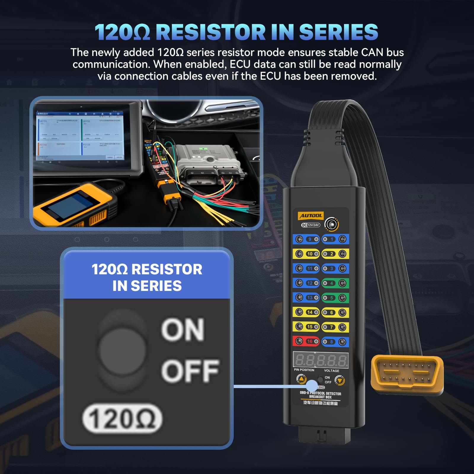 AUTOOL OBD2 Breakout Box - Detector de protocolo OBDII para monitorear señales de protocolo/alimentación/tierra, conector ECU de 120Ω con puente multifunción, probador de puerto de diagnóstico OBD CAN