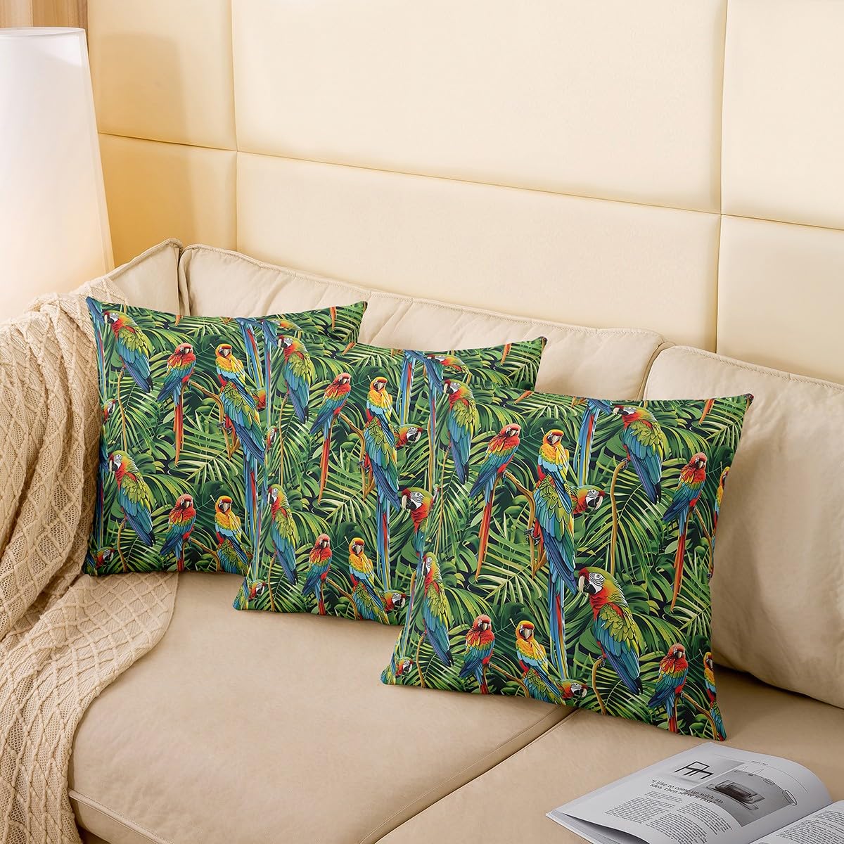 Stylo Culture Federe Cuscino 40x40 Cm - 2 Pezzi | Punto Kantha Verde Pappagallo Con Stampe Uccelli | Cotone Tradizionale