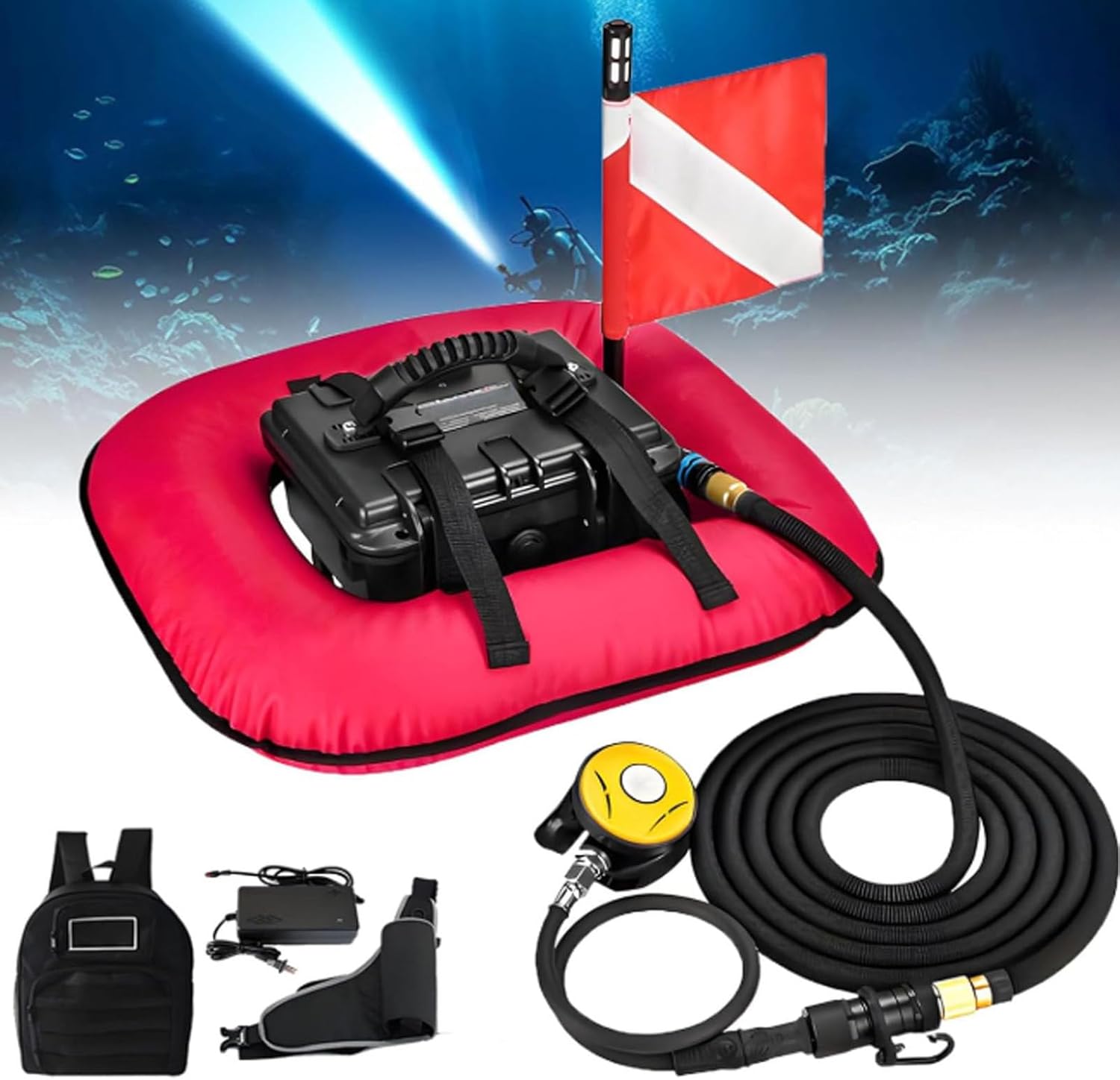 Rechargeable Diving Ventilator, 60-70Min Diving Breathing System, Portable Scuba Diving Tank, Waterproof Air Compressor, for Underwater Exploration and Fishing Red-2Battery