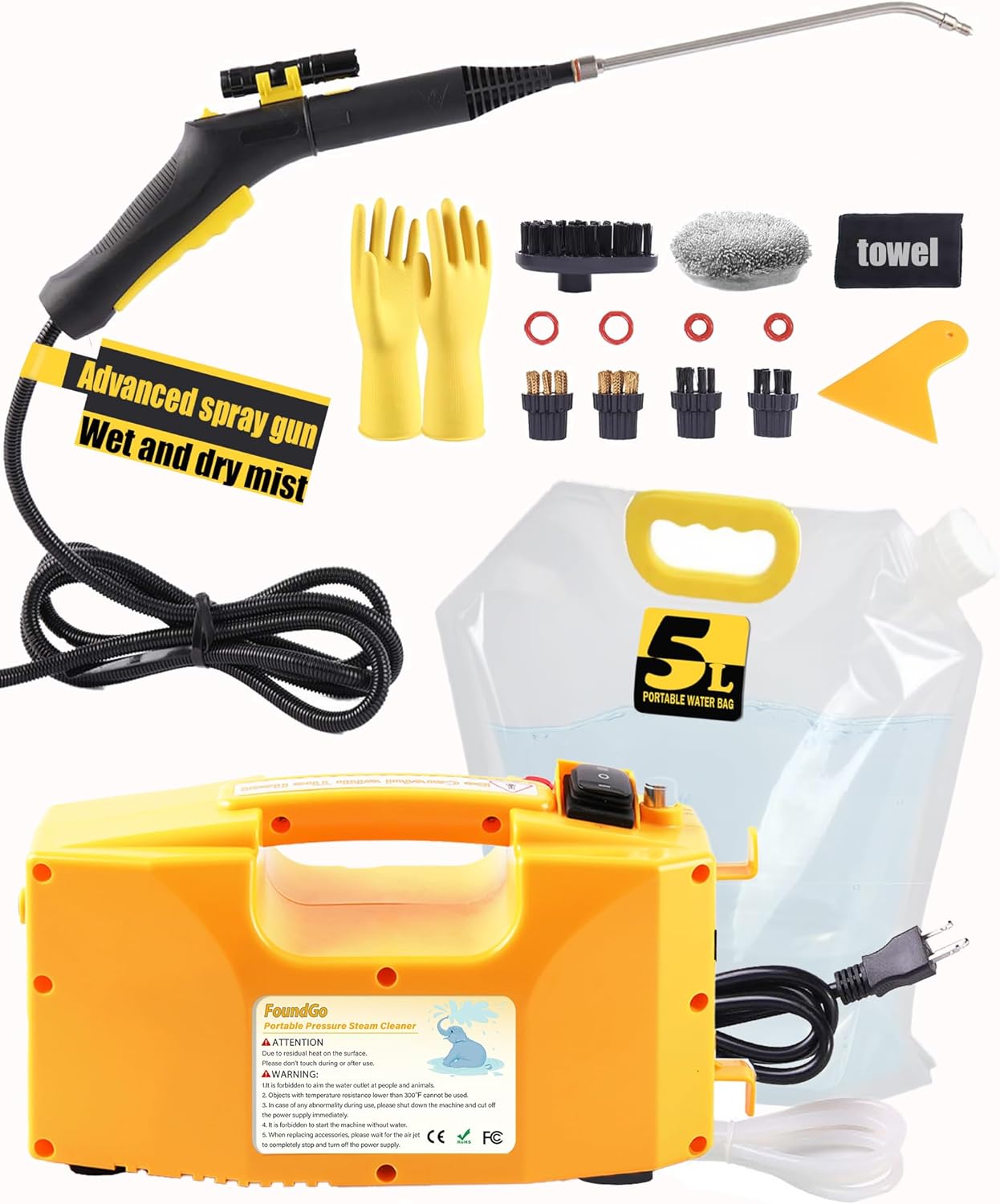 FoundGo 1700W Tankless Steam Cleaner with Trigger Control & 6 Brushes, Portable Handheld Steamer, 20s Heating to 239℉ for Cleaning,Home,Carpets,Furniture,Upholstery,Car,Grout,Tile-Yellow