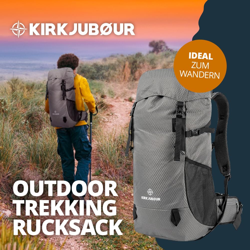 Kirkjubøur® Zaino da trekking da 30 l e 35 l, imbottito, capacità flessibile e materiale esterno impermeabile