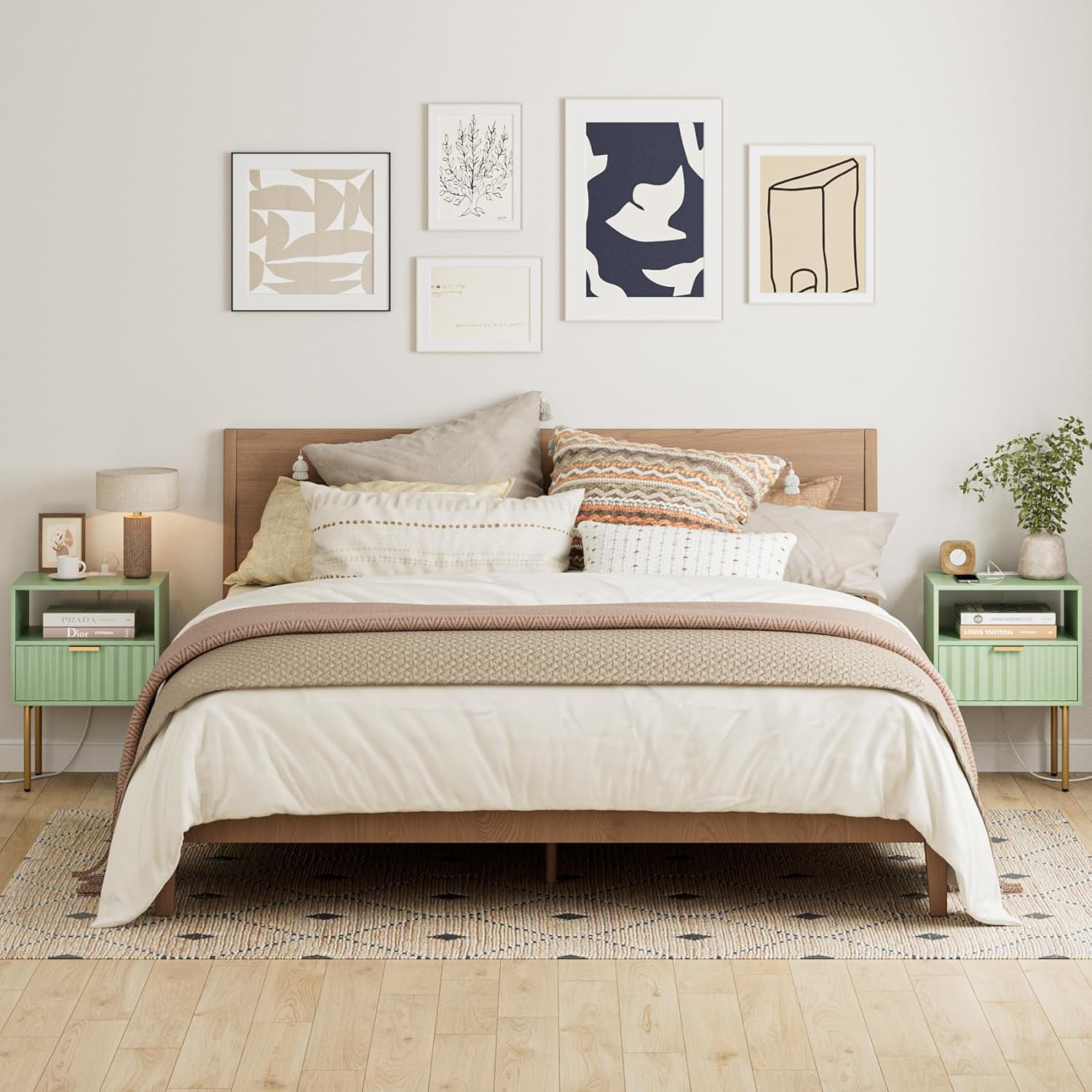 Masupu Nightstand with Charging Station,Mid-Century Modern Bedside Table with Storage Drawer and Open Wood Shelf,Small Gold Frame Side Table for Bedroom,Living Room (Green Fluted)