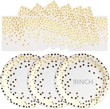 50Pcs White and Gold Paper Plates, Disposable Party Plates and Napkins, 9 Inch Strong Paper Plate, Party Tableware Set for Birthday Bridal Shower Wedding Table Decorations