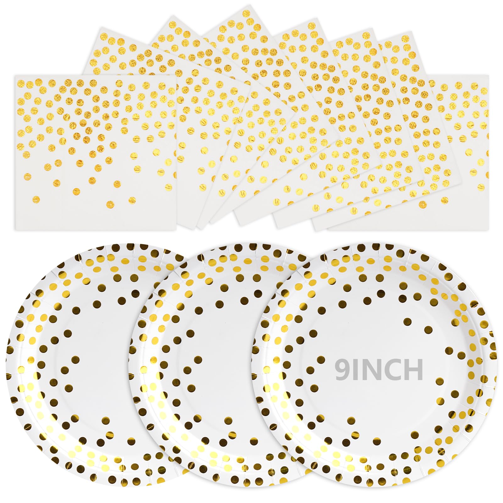 50Pcs White and Gold Paper Plates, Disposable Party Plates and Napkins, 9 Inch Strong Paper Plate, Party Tableware Set for Birthday Bridal Shower Wedding Table Decorations