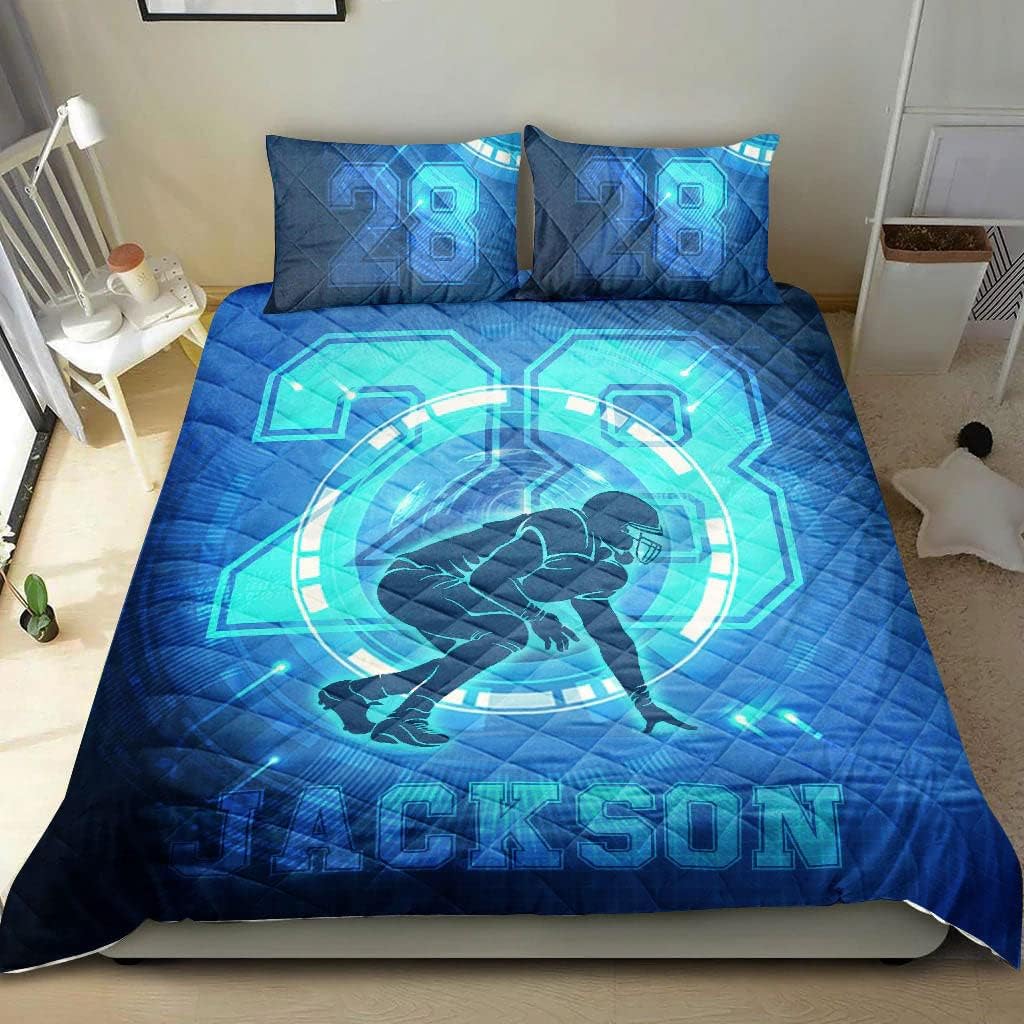 Personalized Football Quilt Set, Football Boy Blue Digital Quilt Blanket with Pillowcases, Custom Name and Number Quilt Bedding Set MLANH1777