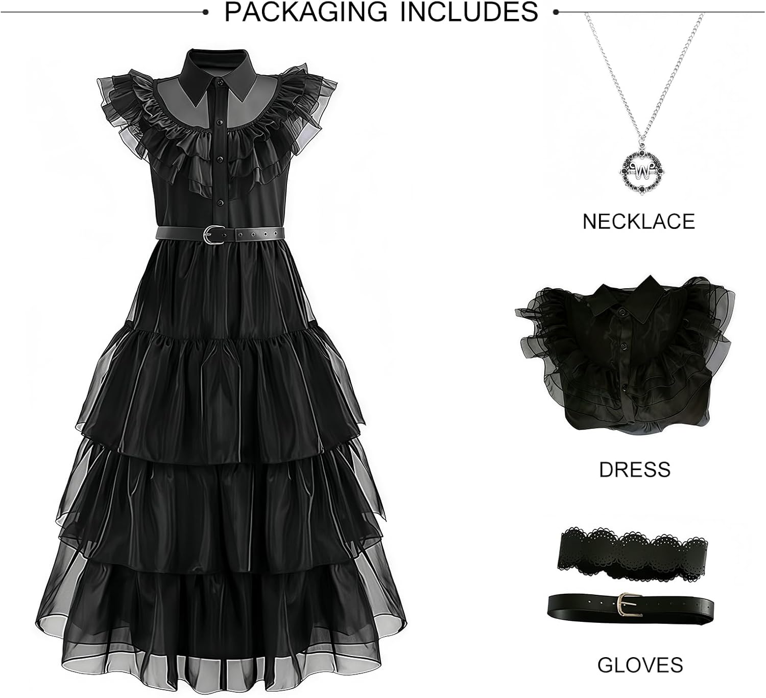 Halloween Women Black Gothic Tulle Cosplay Dress Party Ruffle Layered Prom Dance Costume Belt Necklace - Image 6