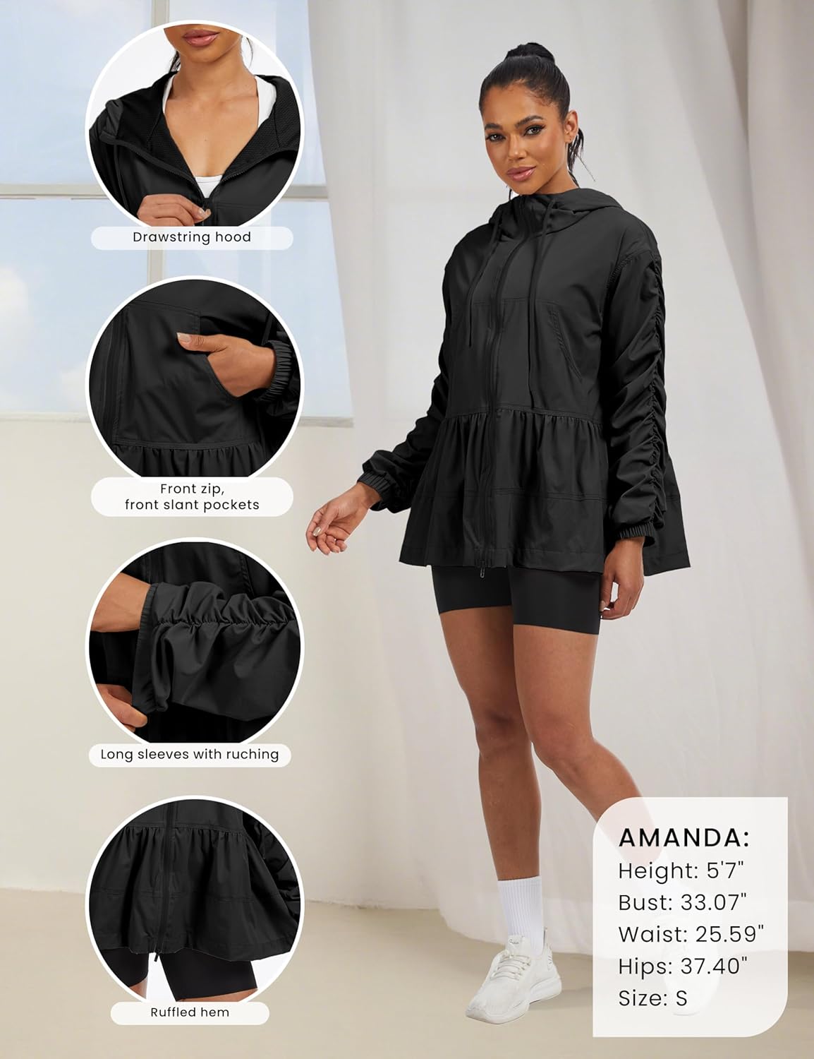 Womens Hooded Babydoll Jacket Lightweight Oversized Windbreaker Coat Casual Drawstring Hoodie