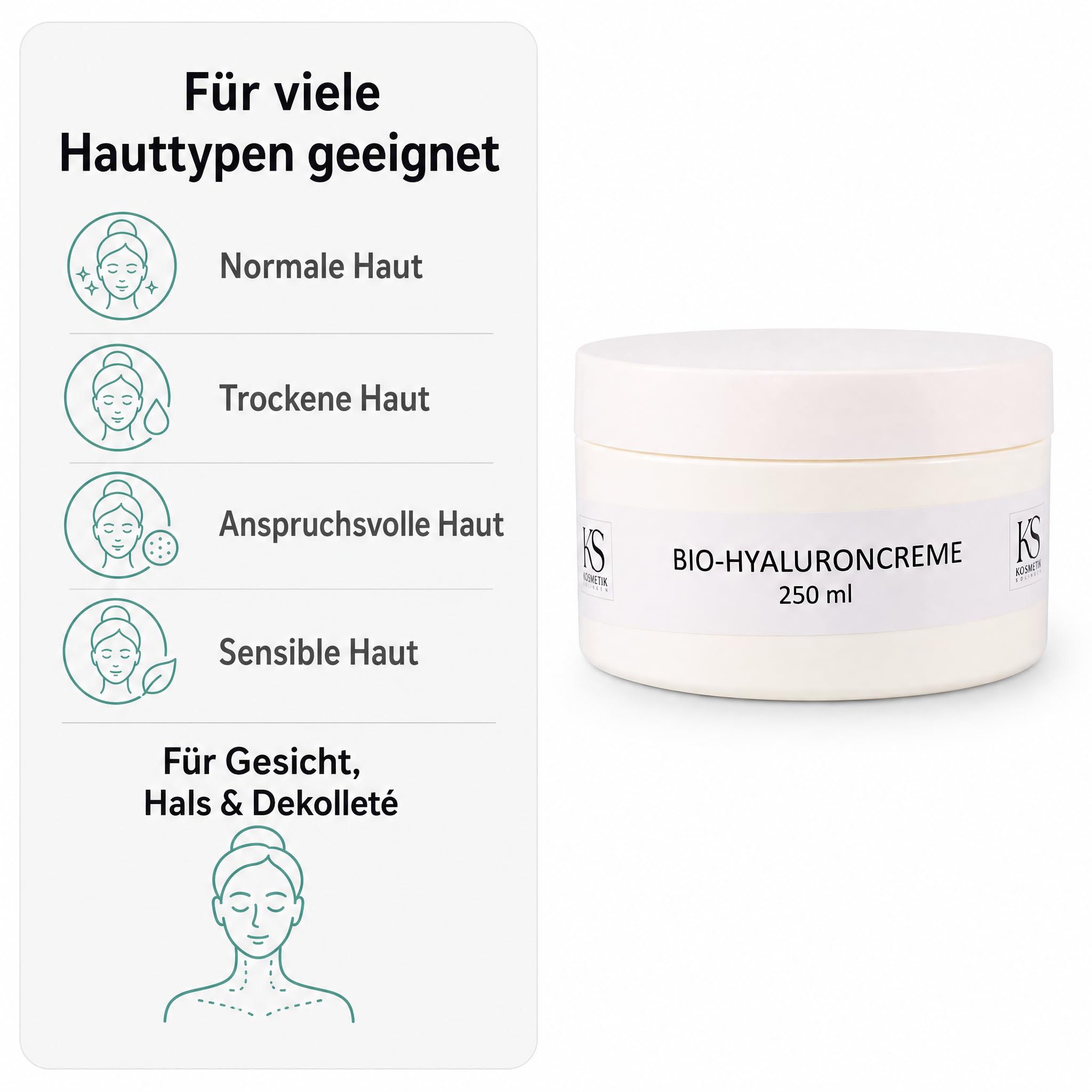 KS Beauty Bio Hyaluroncreme, Tages- & Nachtcreme für trockene Haut, 250 ml | Reichhaltige Feuchtigkeitscreme mit Hyaluronsäure, Q10, Niacinamid & Aloe Vera – dermatologisch getestet, Made in Germany