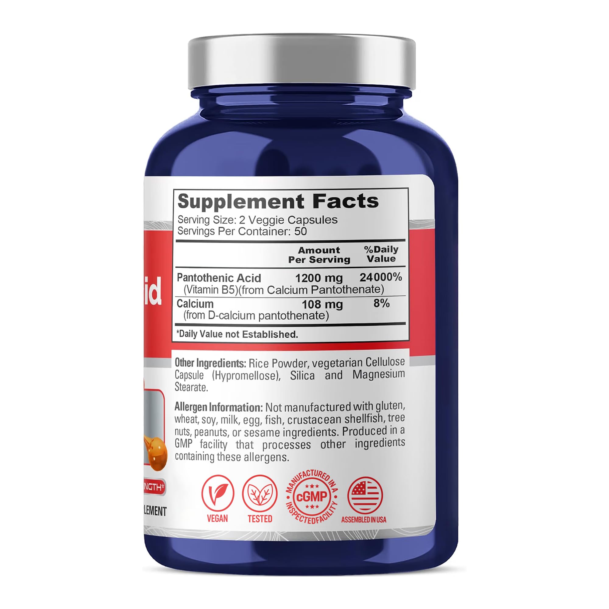 Vitamin B5 Pantothenic Acid, Vegan, 1200mg, 100 Caps - 50 Servings — Amazon image 2