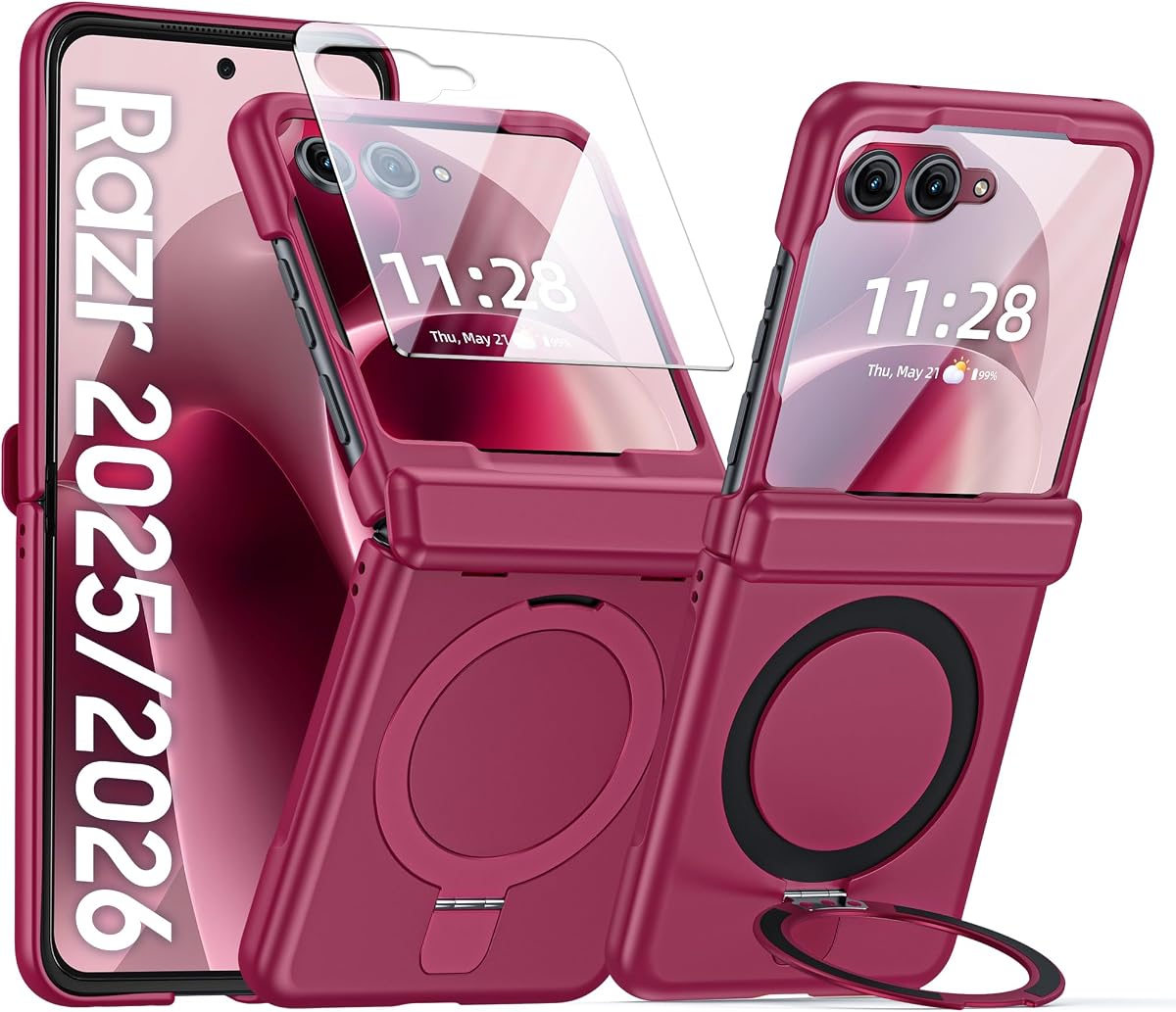 CENMASO para Motorola Razr 2026 Funda con protección de bisagra y protector de pantalla incorporado y soporte de anillo magnético, funda delgada, ligera, de cuerpo completo, resistente a los golpes, para Moto Razr 2026, color rojo rosa