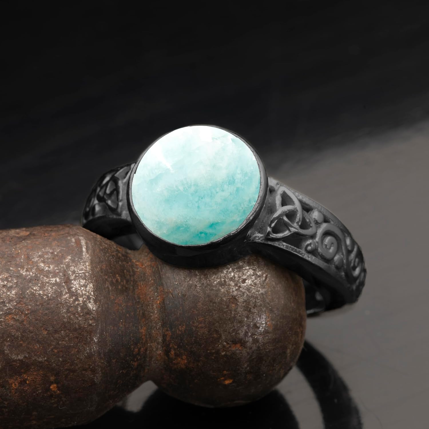 Natural Amazonite Crystal Ring Black Oxidized 925 Sterling Silver Round Solitaire Gemstone Dainty Perseverance Crystal Virgo Wealth Statement Ring Handmade Turkish Fine Jewelry