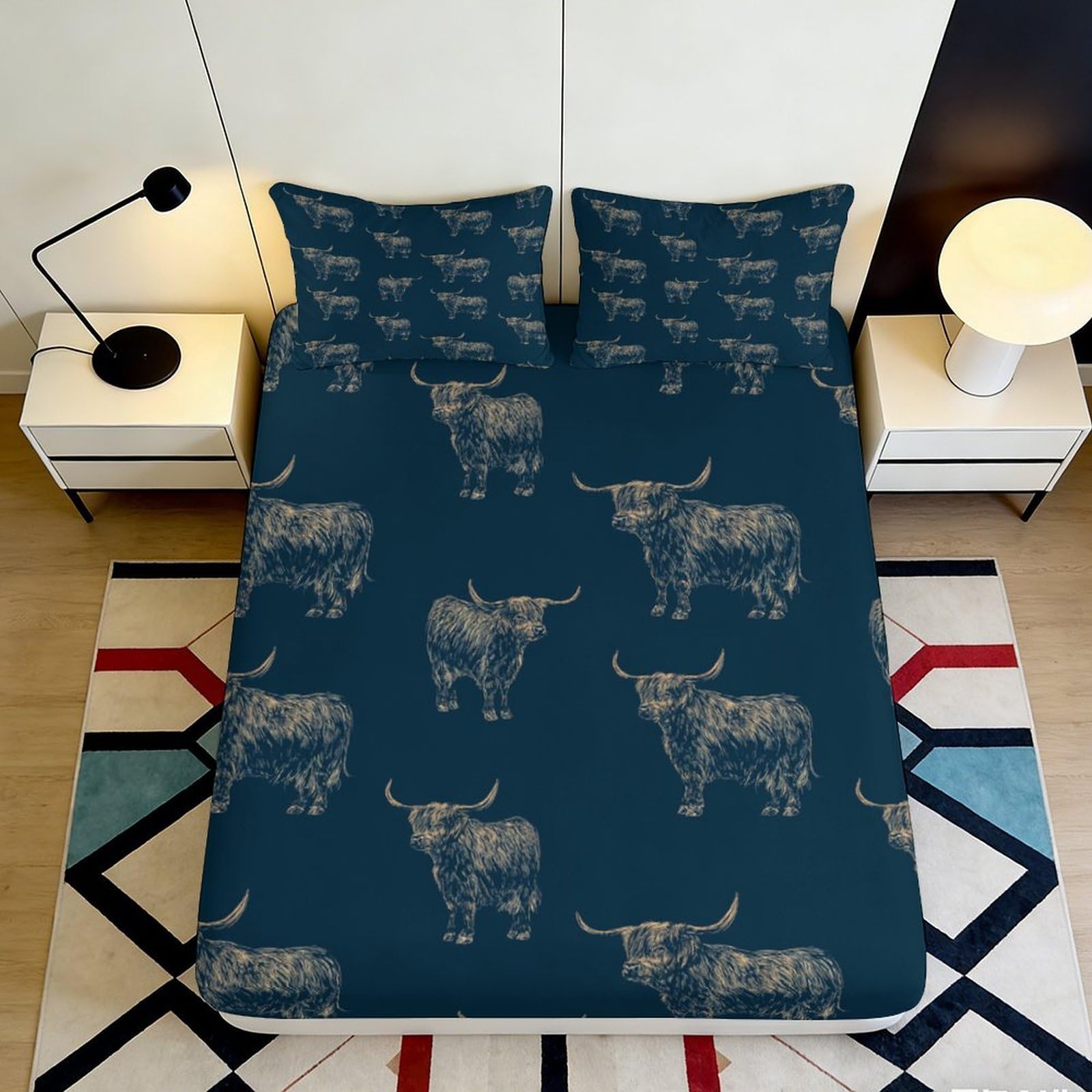 3D Printed Highland Cattle Fitted Sheet Microfiber Soft Durable Blue Bed Cover with Bull Pattern Mattress Cover for Bedroom Dormitory Guest Room Protection 90x200x25cm
