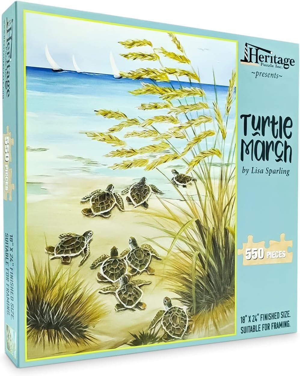 Heritage Puzzle Turtle March 550 Piece Jigsaw Puzzle by Lisa Sparling - Beach Puzzles for Adults – Baby Turtles Hatching - Size 24"x18" – Coastal Theme Beach Puzzle Made in U.S.A.