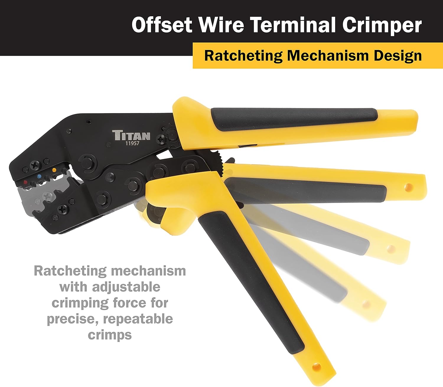 Titan 11957 Offset Ratcheting Wire Terminal Crimper Tool for Insulated Terminals, Fixed Jaw Crimper