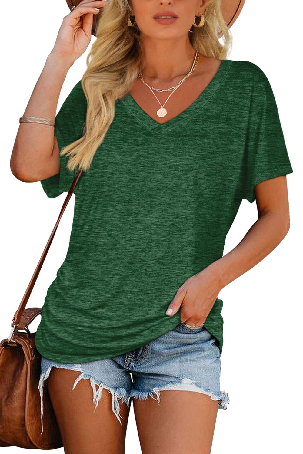 WIHOLL Womens Short Sleeve V Neck Dolman Tops with Side Shirring Loose Fit Shirts