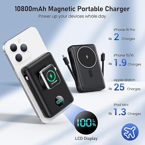 Miniatura 2 de Cargador portátil magnético para MagSafe con cable integrado, cargador iWatch, banco de energía inalámbrico de 10800 mAh, artículos esenciales de