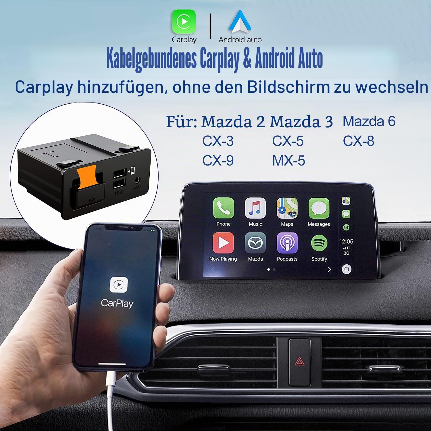 Mazda Carplay und Android Auto Retrofit Kit, TK78-66-9U0C OEM Hub passt auf MZD Connect System, 00008FZ34, Apple Carplay Adapter kompatibel mit Mazda 2/3/6/CX3/CX5/CX9/MX5 2014-2021 Jahre