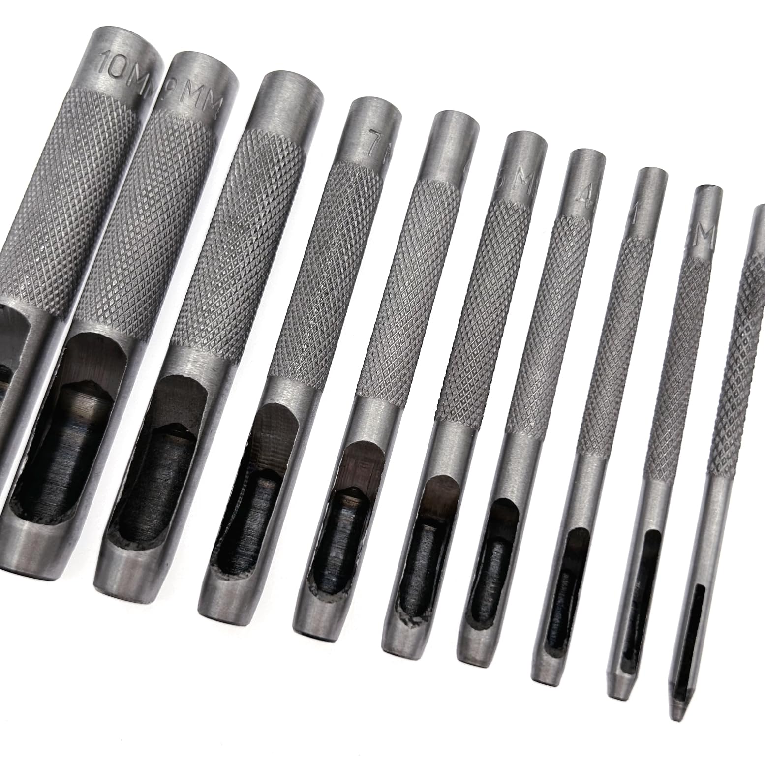 JZK 10 X Ensemble de Poinçons Creux Ronds en Acier, Coupeur de Perforation en Cuir pour Joint de Bracelet de Montre, Tissu de Chaussure, Toile, Papier, Oeillet de Vêtements (1 mm à 10 mm)