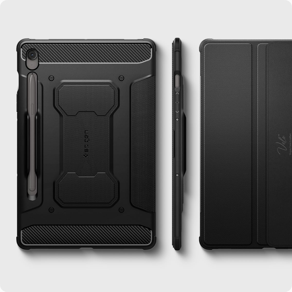 Spigen for Galaxy Tab S10 FE Case (2025), Galaxy Tab S9 Case (2023), Rugged Armor Pro Protective Tri-Fold Cover and S Pen Holder, 10.9 inch, Black