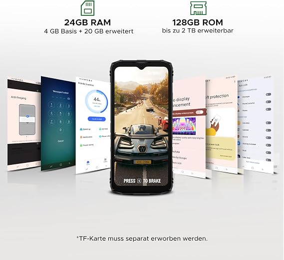 Blade 10 Energy Outdoor Mobile Phone Without Contract Android 15 24GB RAM/128GB ROM (2TB) 6150mAh 10.7mm Ultra Thin Outdoor Smartphone 6.56 Inch HD + 16MP 3 Card Slots/NFC/Face ID/OTG/GPS