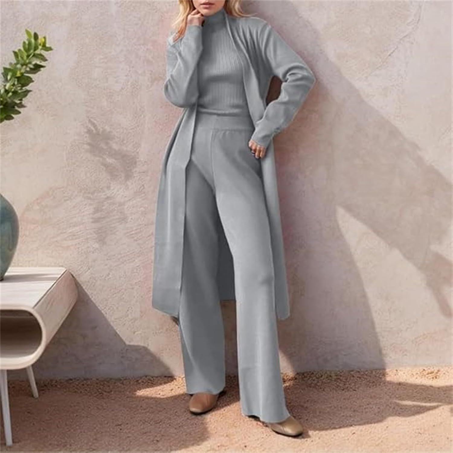 3PCS Womens Knitted Pants Suit with Cardigan Turtleneck Sweater Set,3 Piece Autumn Winter Knit Lounge Set,Fall Travel Outfits - Image 3