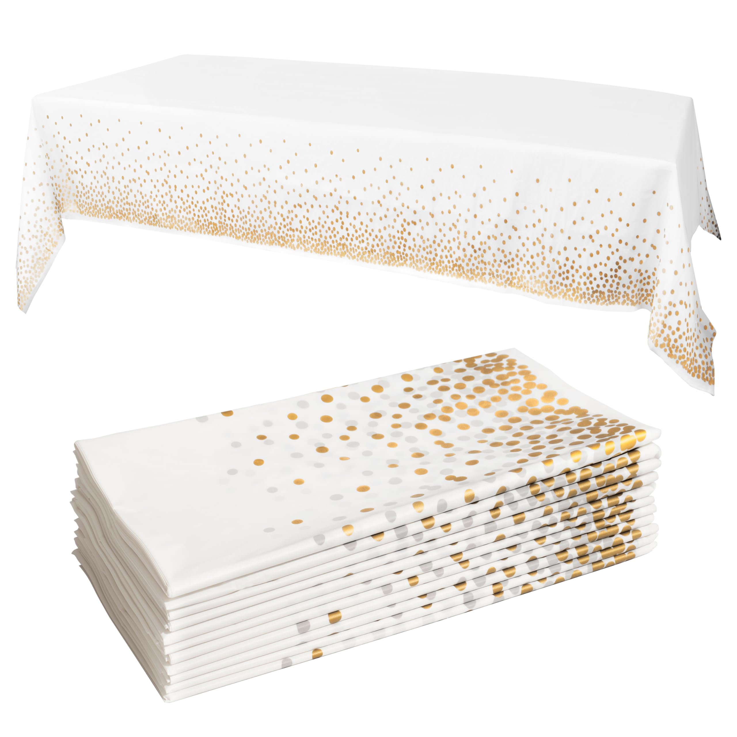 Prestee White and Gold Tablecloths, 4pk, 54x108 Inches - Party Table Cloths Disposable - Gold Dot Disposable Tablecloths - Plastic Table Cloth - Engagement Party Decorations, Baptism Decorations