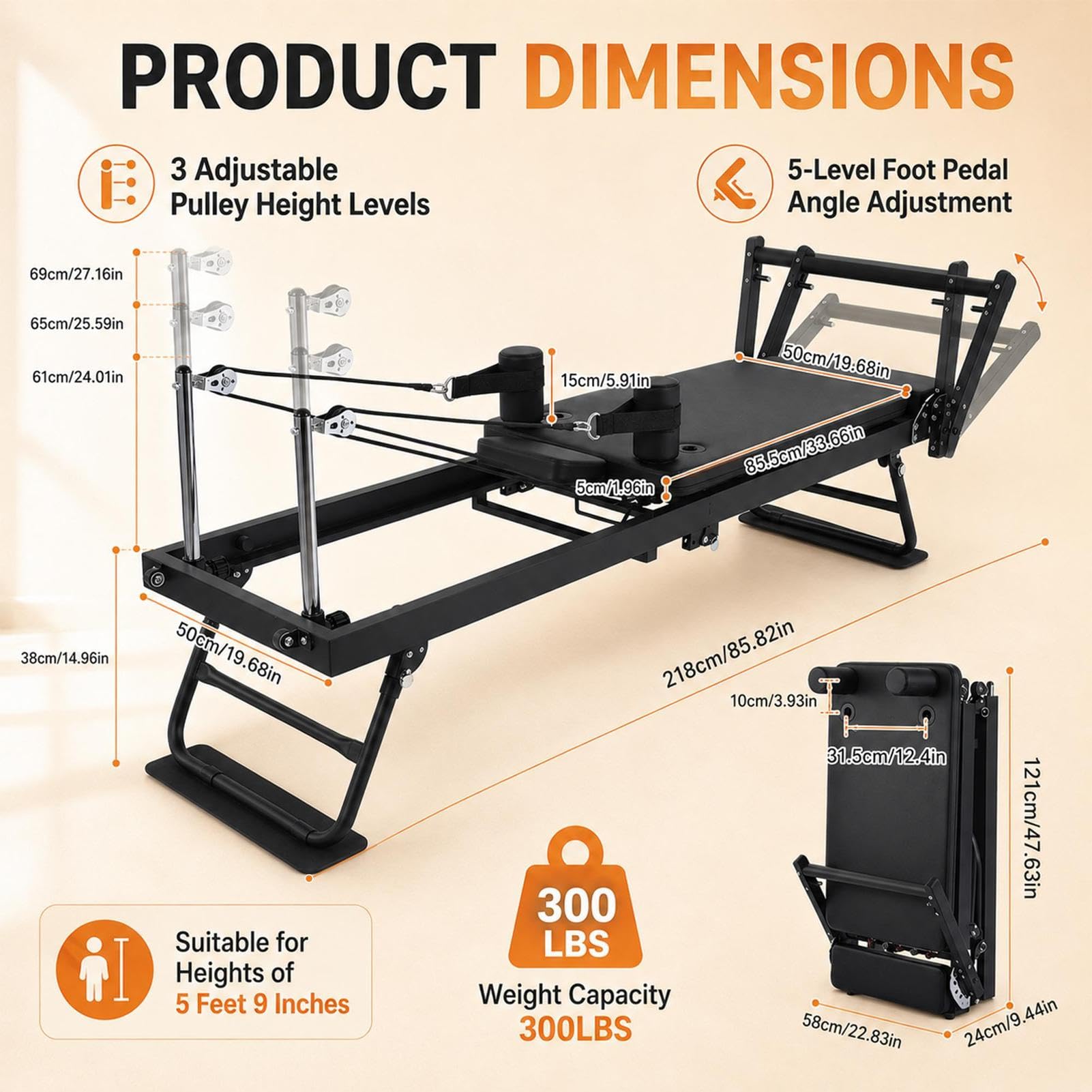 Pilates Reformer - Cyclette pieghevole con 3 molle forti (20 kg) e 2 cinghie (7,5 kg), 11 opzioni di resistenza, carico massimo 136 kg, attrezzatura compatta per pilates per principianti ed esperti