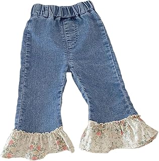 Pantalones de mezclilla acampanados para bebés y niñas, con estampado floral, estilo casual, para primavera, color azul claro, cintura elástica, azul, 18-24 meses