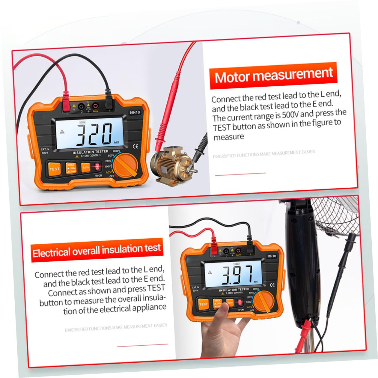 Baluue Probador de Aislamiento Digital Mh10 Pantalla LCD Megóhmetro de Resistencia de Aislamiento Eléctrico Medidor de Resistencia de Tierra sin Batería Instrumento para Mantenimiento