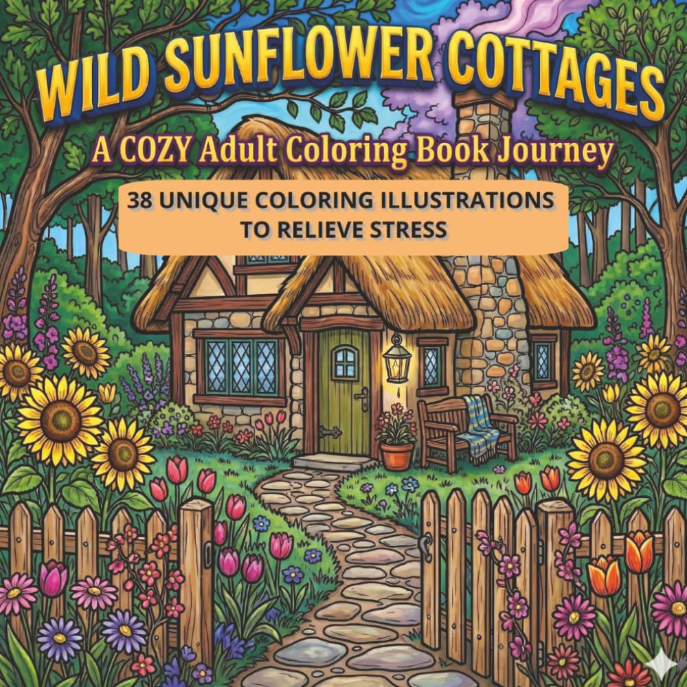 Wild Sunflower Cottages: A Cozy Cottagecore Adult Coloring Book featuring Rustic Country Homes, Charming Gardens, and Peaceful Landscapes for Stress Relief